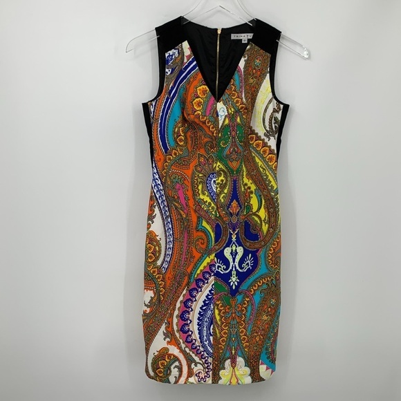 Trina Turk Angelina shift dress paisley black sleeveless sheath orange blue 0 - Picture 1 of 4